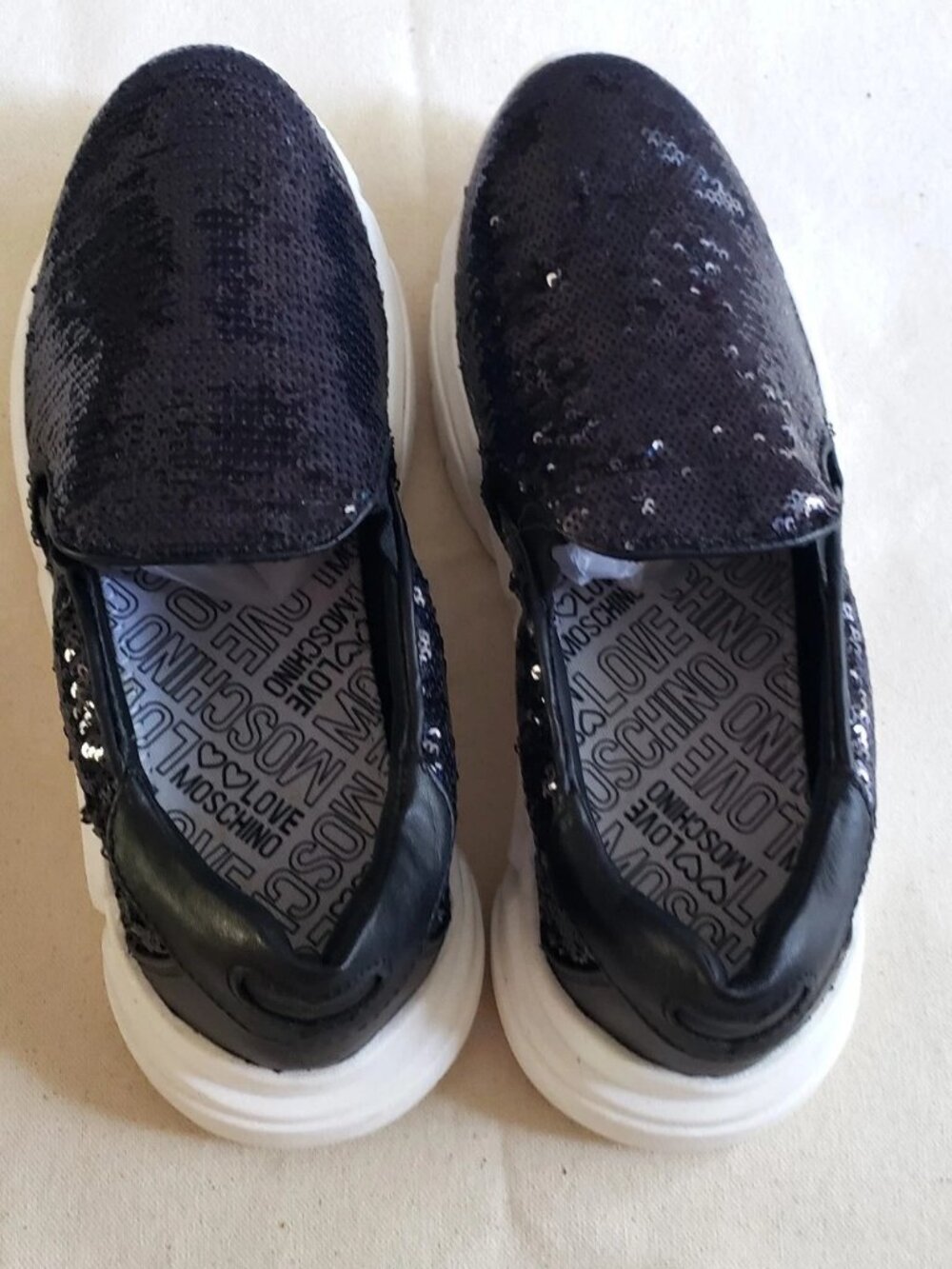 NWB LOVE Moschino Women's Size 8 Slip On Sneakers Sequin Black Shoes Heart - Picture 5 of 10